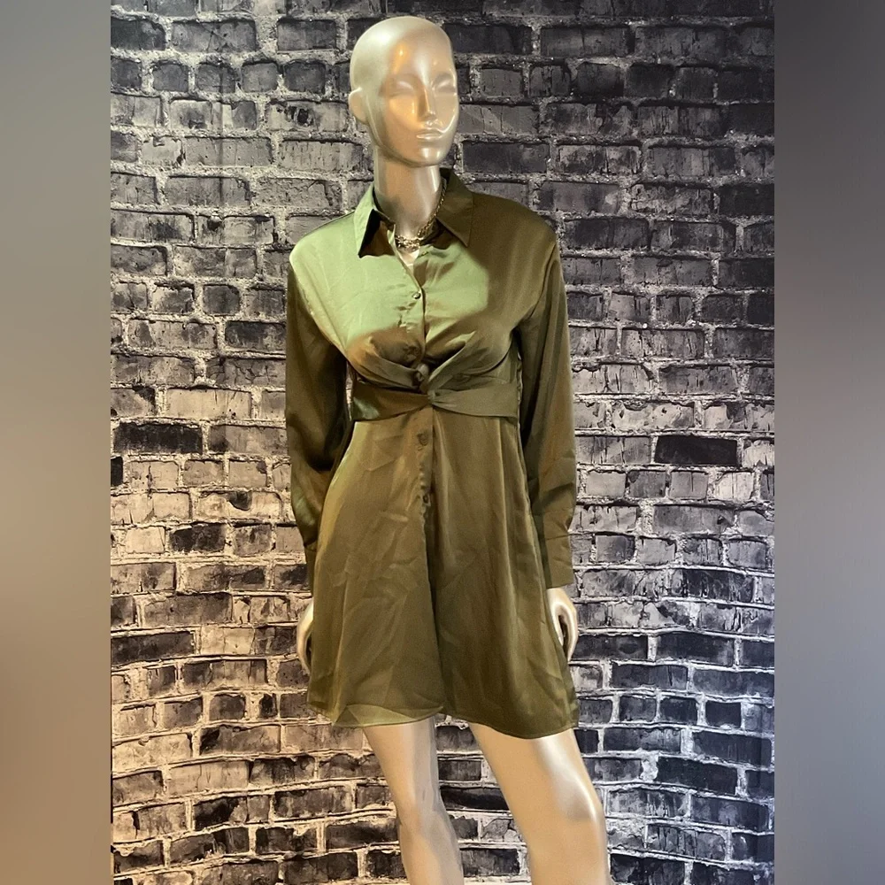 Olive Green Satin Long Sleeve Formal Dress - Picture 2 of 7